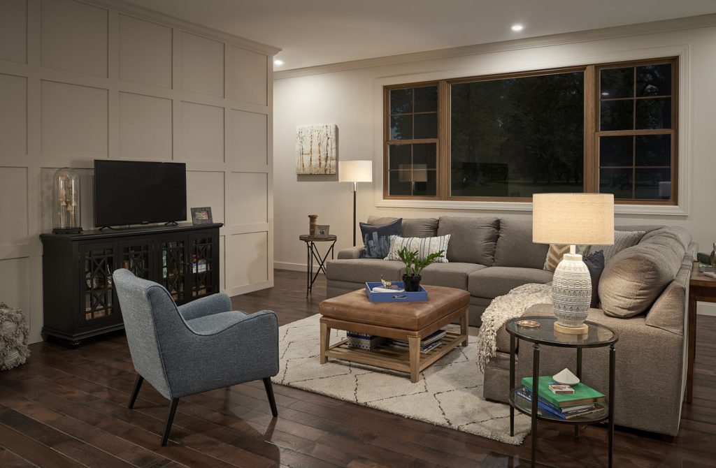 living room at night with replacement windows