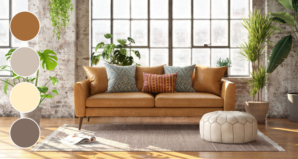 brown leather couch in a earth neutral living room